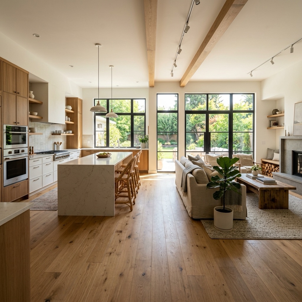 An open-concept kitchen and living room remodeled by Leandro Construction